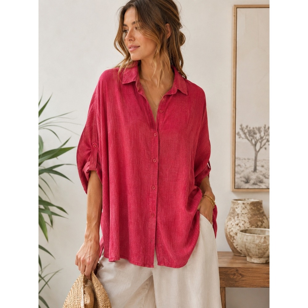 Umgee Shirt Oversized Button Down Dolman Sleeve Large Red Relaxed Tunic Top